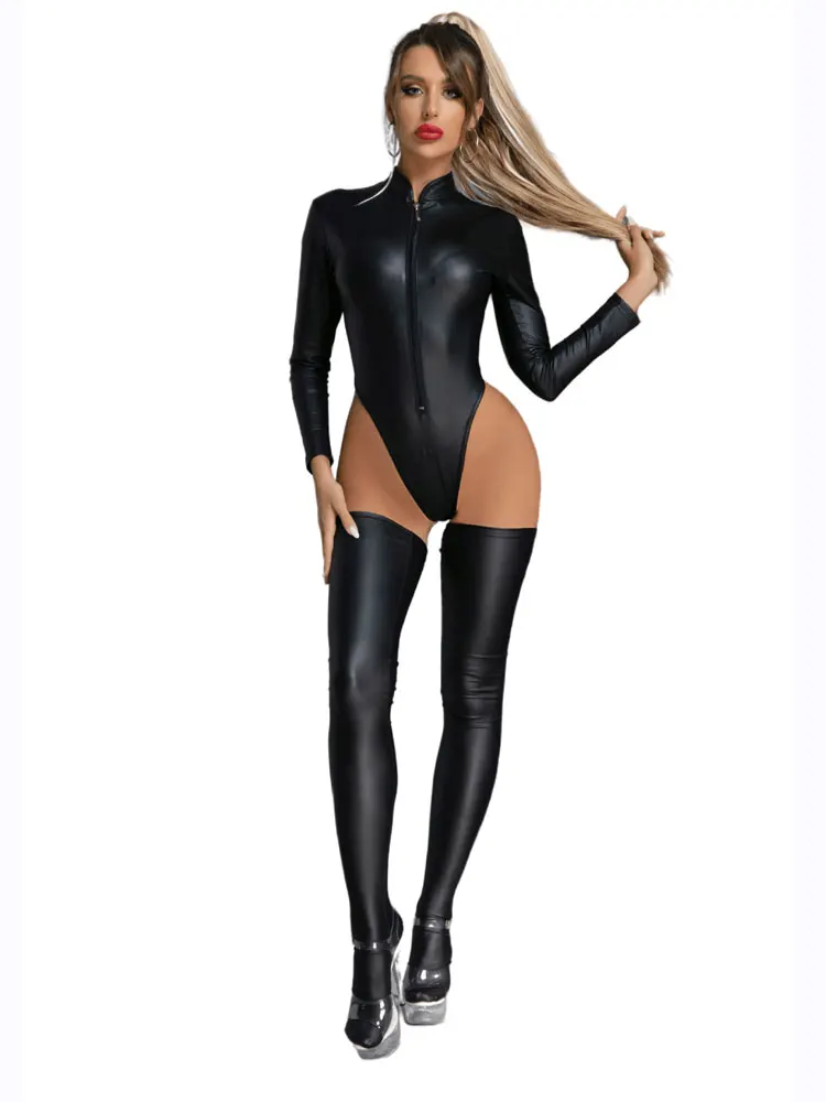 Women Long Sleeve Bodysuit Game Suit Sexy PU Faux Leather Oil Shiny High Cut Leotard Stage Dance Role Play Tights With Stocking