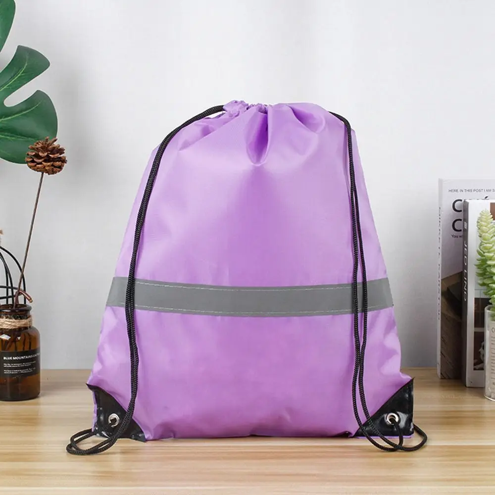 Reflective Stripe Drawstring Gym Backpack 210D Polyester Solid Color Nylon Sports Shoulder Bag Portable Waterproof
