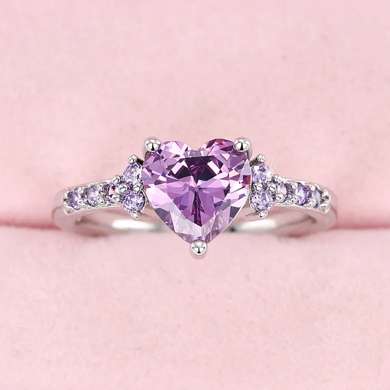 Huitan Charming Heart Purple Cubic Zirconia Rings for Women Romantic Wedding Ceremony Party Bridal Accessory New Trendy Jewelry