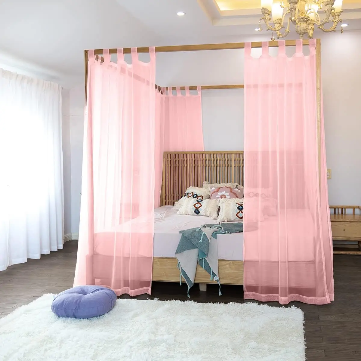 Linentalks Sheer Canopy Bed Curtains For King, Queen, Full And Twin Bed, 4 Corner Bed Canopies & Drapes, Four Poster Bed Canopy