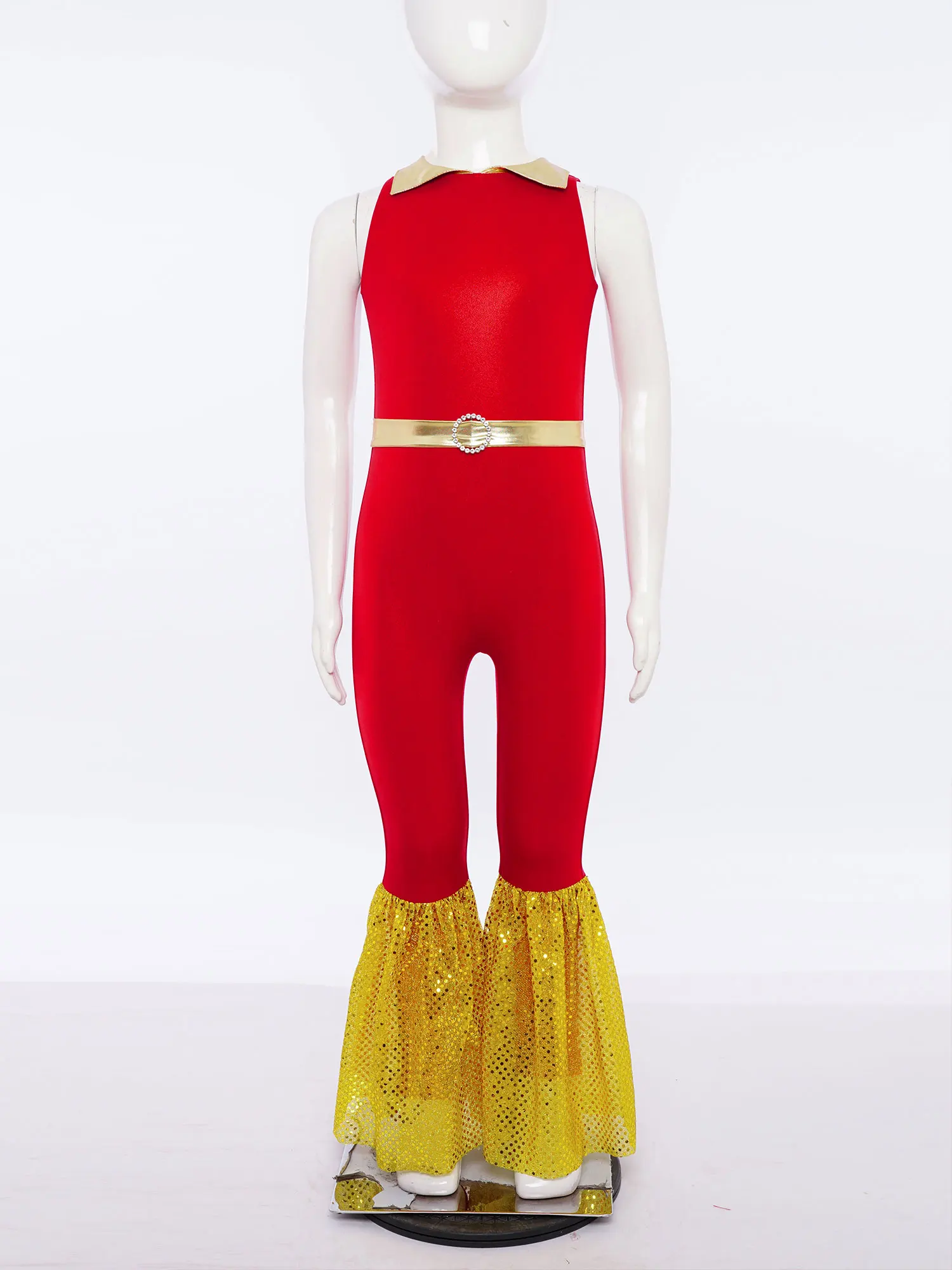 Kids Girls Disco Jumpsuit Party Dance Leotard Hippie Costume 60s 70s Party Flares Shiny Performance Clothes Sleeveless Bodysuit