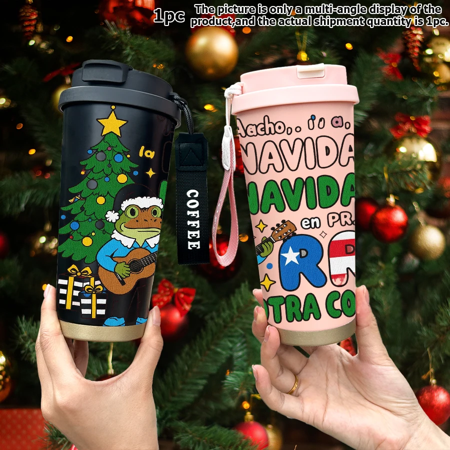 1pc 18oz stainless steel thermos bottle with straw, leak-proof cover and wristband. The back design of Christmas singer frog.