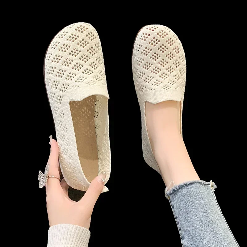 Summer Mesh Fabrics Breathable Flats Women Shoes Ventilate Lace Leisure Loafers Mom Shoes Comfort Casual Light Sneakers