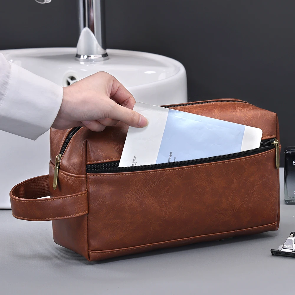 الرجال الجلود السفر الأعمال الحلاقة حقيبة مستحضرات التجميل Strorage المحمولة حقيبة أدوات الزينة سعة كبيرة المنظم حقيبة غسيل محمولة