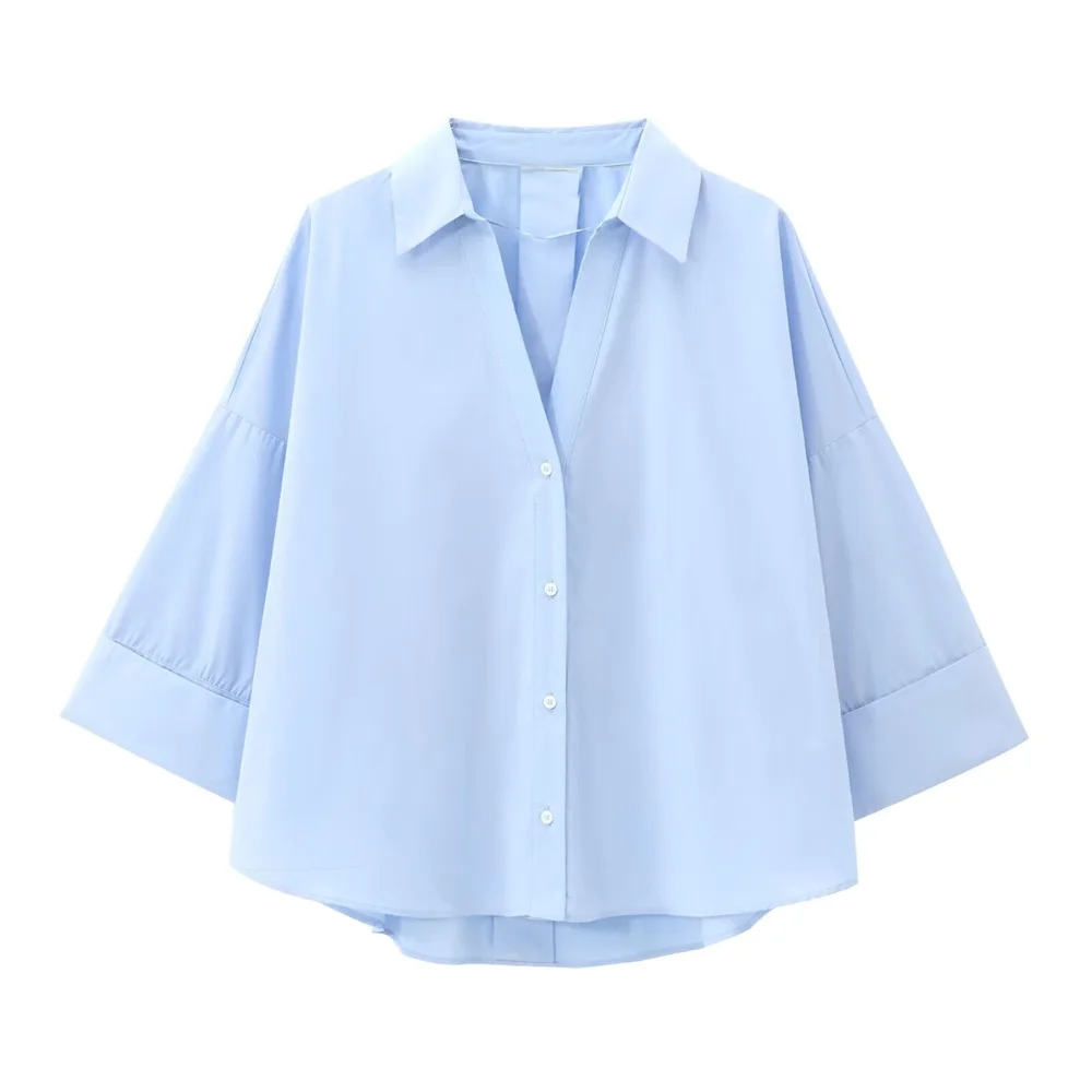 TRAF Autumn New Product Women\'s Fashion Versatile Blue Loose Collar Curled Wide Sleeves Cotton Blended Buckle Poplin Shirt