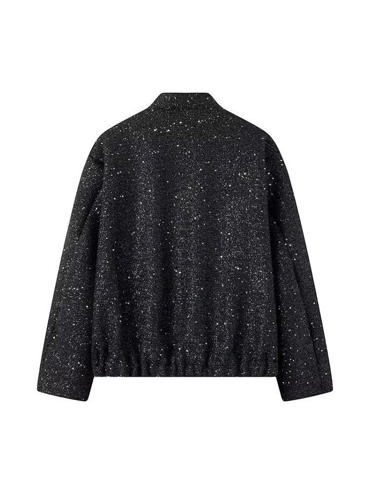 TRAF 2024 Autumn Women\'s Sequined Bomber Jacket Fall New Round Neck Long Sleeve Pocket Sequins Jacket Coat Female Chic Outerwear