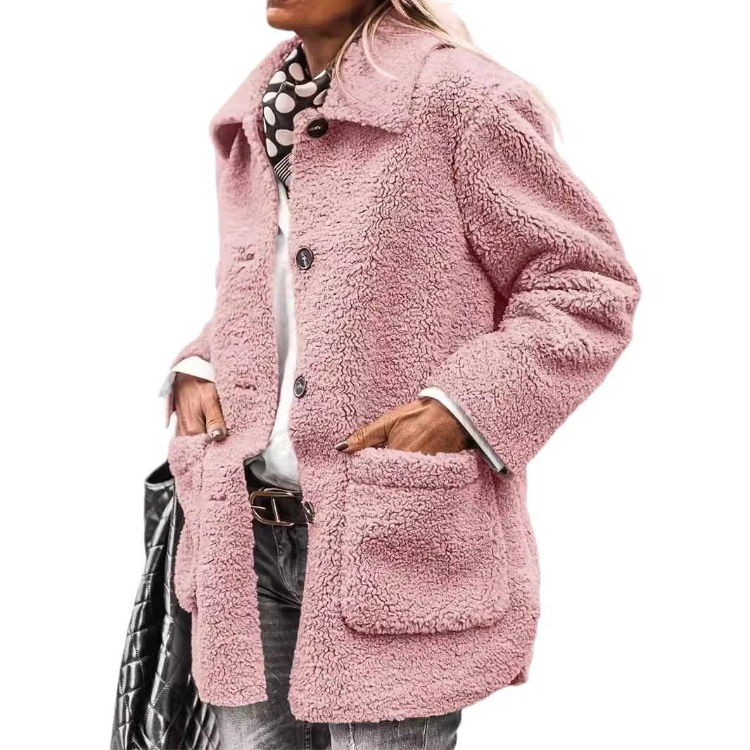 European and American 2024 Winter Button Casual Plush Coat Shows Thin  Temperament Commuter  Japanese and Korean Leisure Comfort