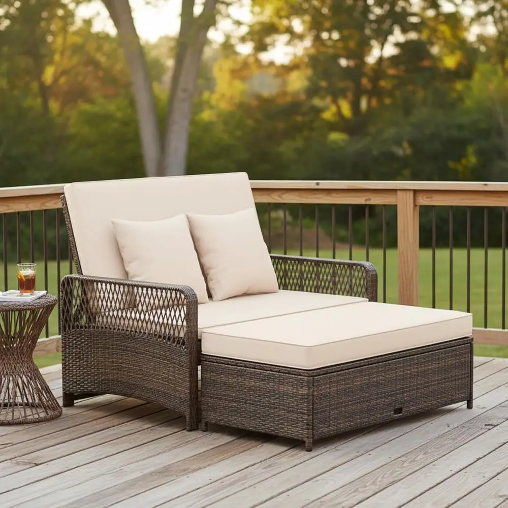 Patio Rattan Daybed with 4-Level Adjustable Backrest, 2-Person Outdoor Wicker Loveseat with Storage Ottoman & Sot Cushions, Doub