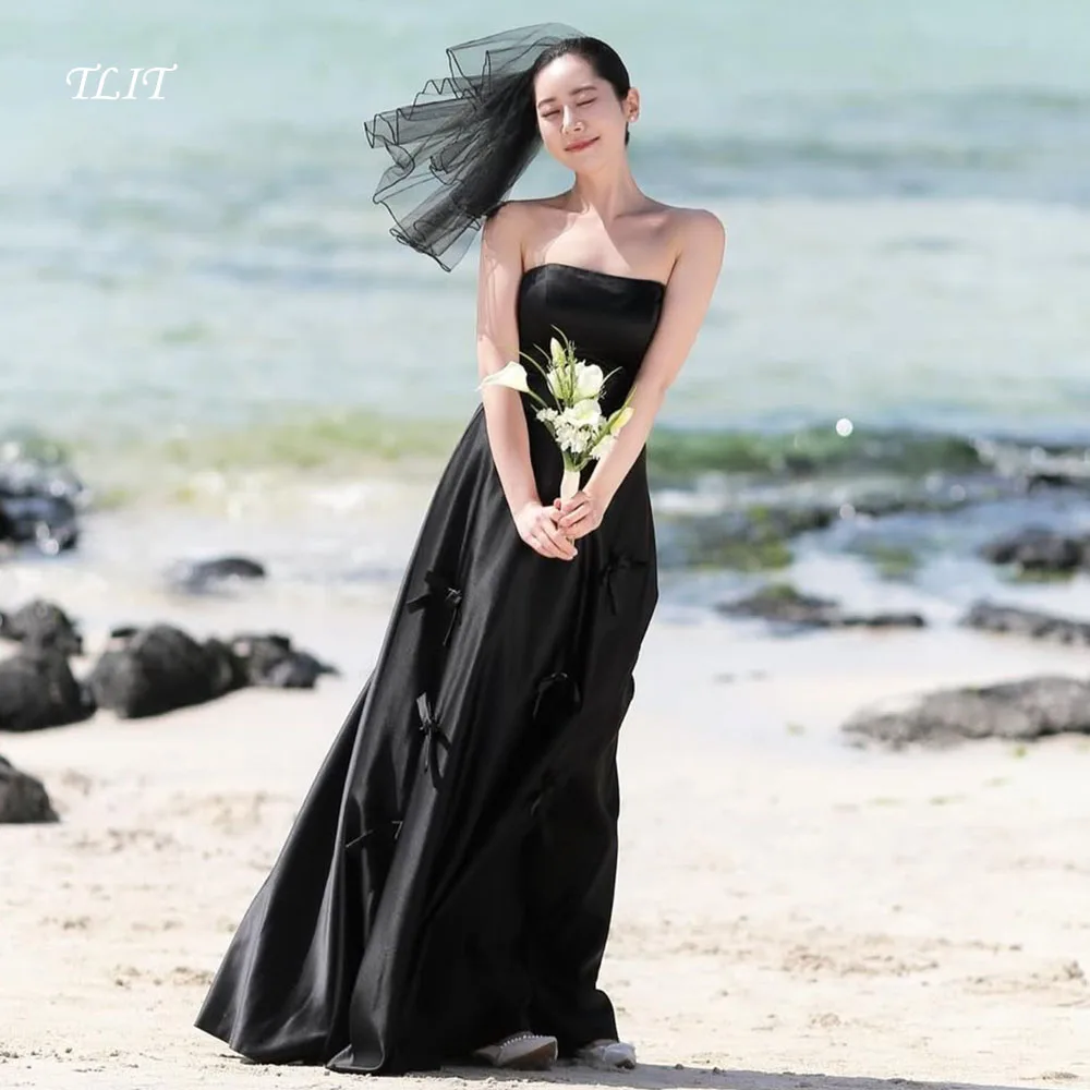 TLIT Fashion Black Wedding Party Dress Strapless Bow Draped Satin Korea Photo shoot Bridal Gown Customized Evening Dresses 2026
