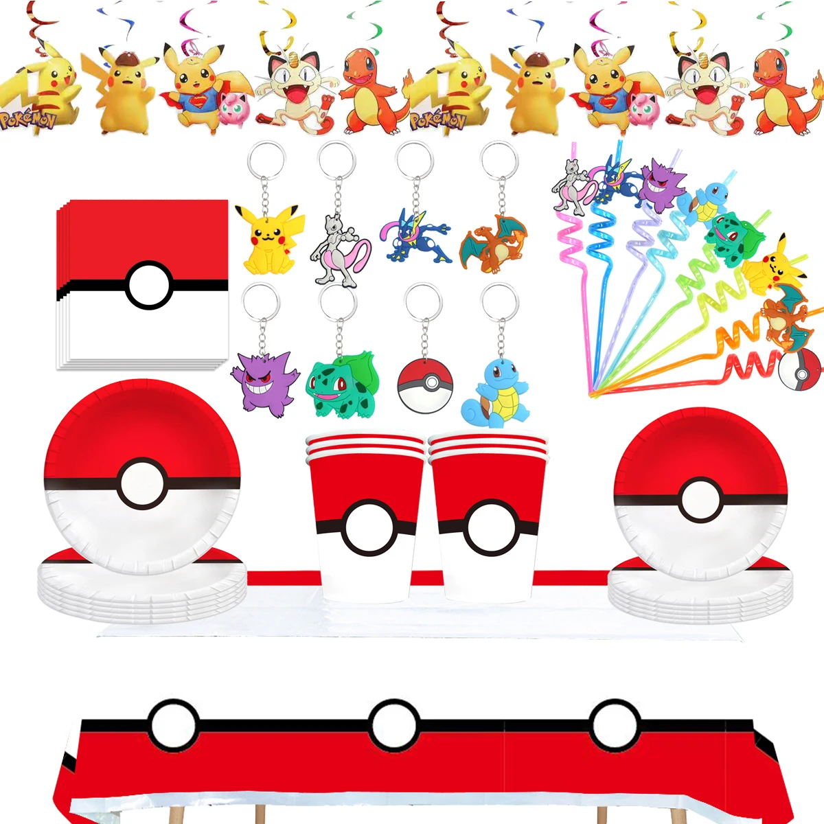 

PokeBall Birthday Party Decorations Pokemon Party Supplies Pikachu Party Favor Gifts Tableware Set Paper Cup Tablecloth Keychain
