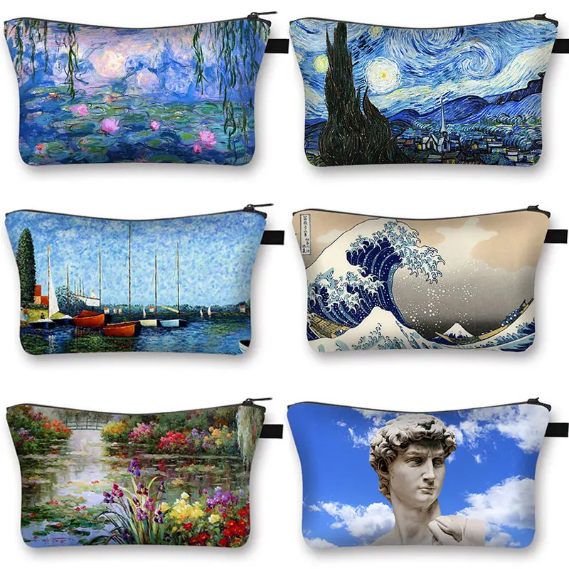 Monet Waterlily Ladies Cosmetic Bag Starry Night / Kiss/Van Gogh / Gustav Klimt Printed Cosmetic Case Lipstick Storage Bag