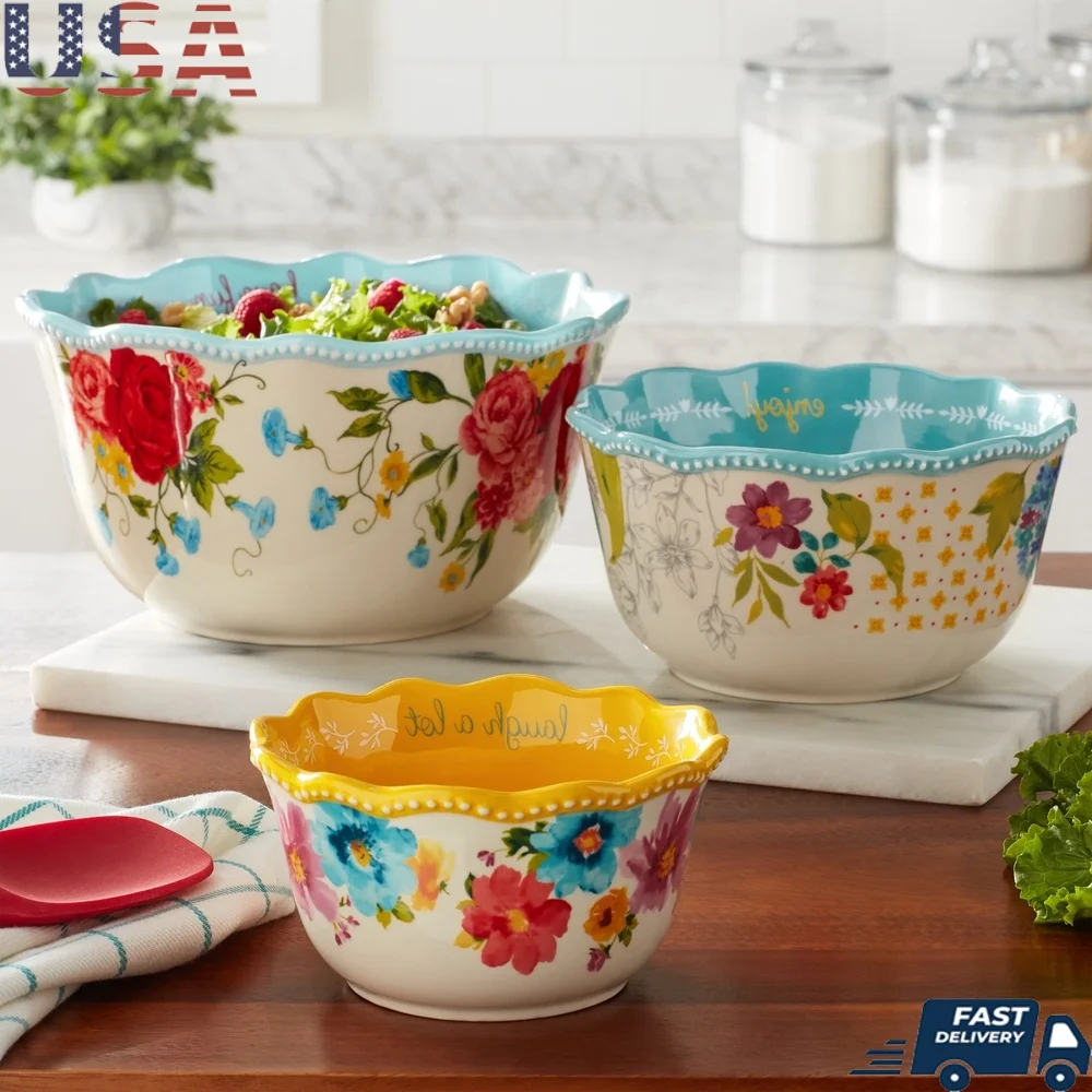 

Vintage Floral Serving Bowls 3-Piece Set Durable Stoneware Dishwasher Microwave Safe Perfect Salads Pasta Vegetables Home Dining