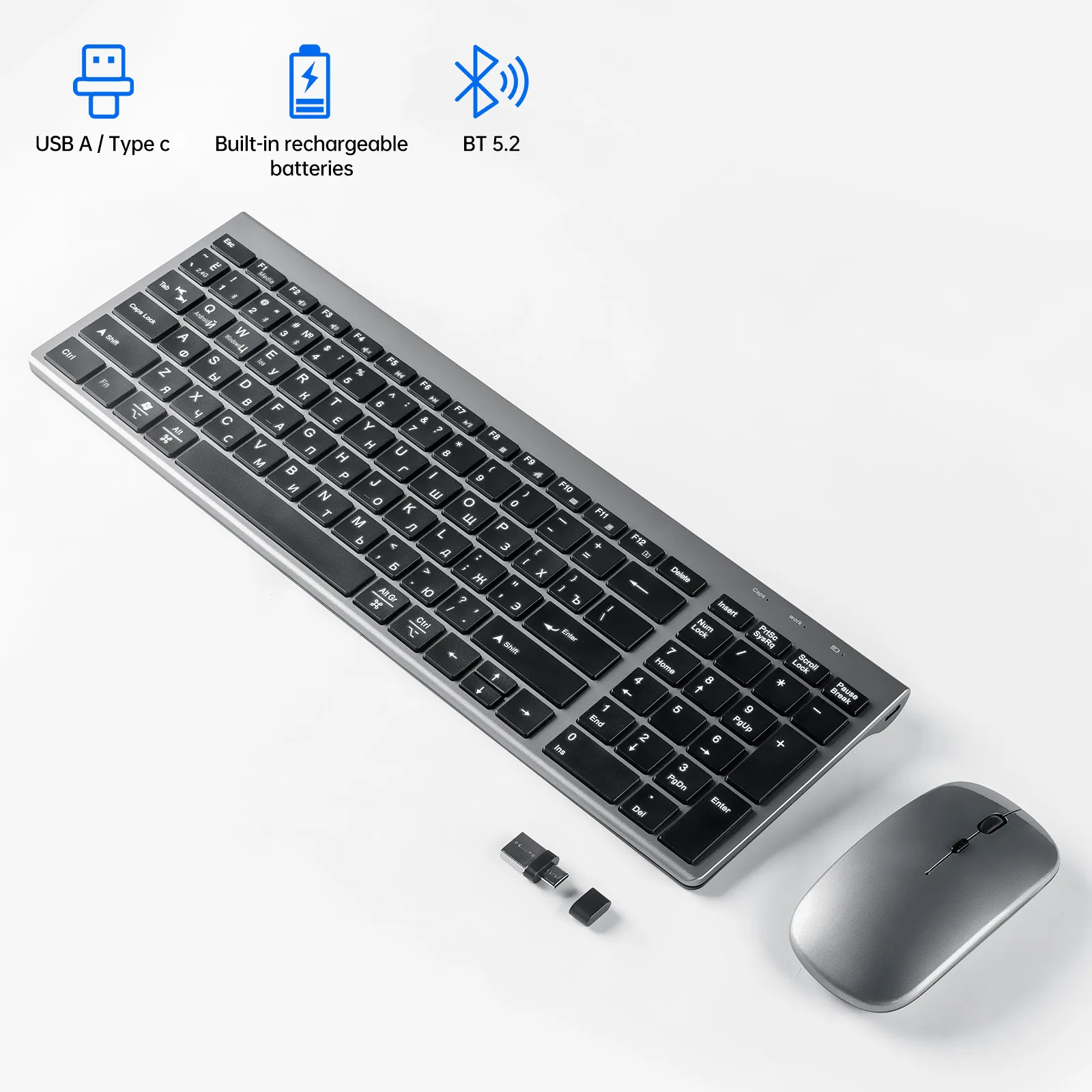 Wireless Keyboard and Mouse Combo, Rechargeable Bluetooth Mouse with USB/Type-C Receiver, Ergonomic Office Set for Laptop PC