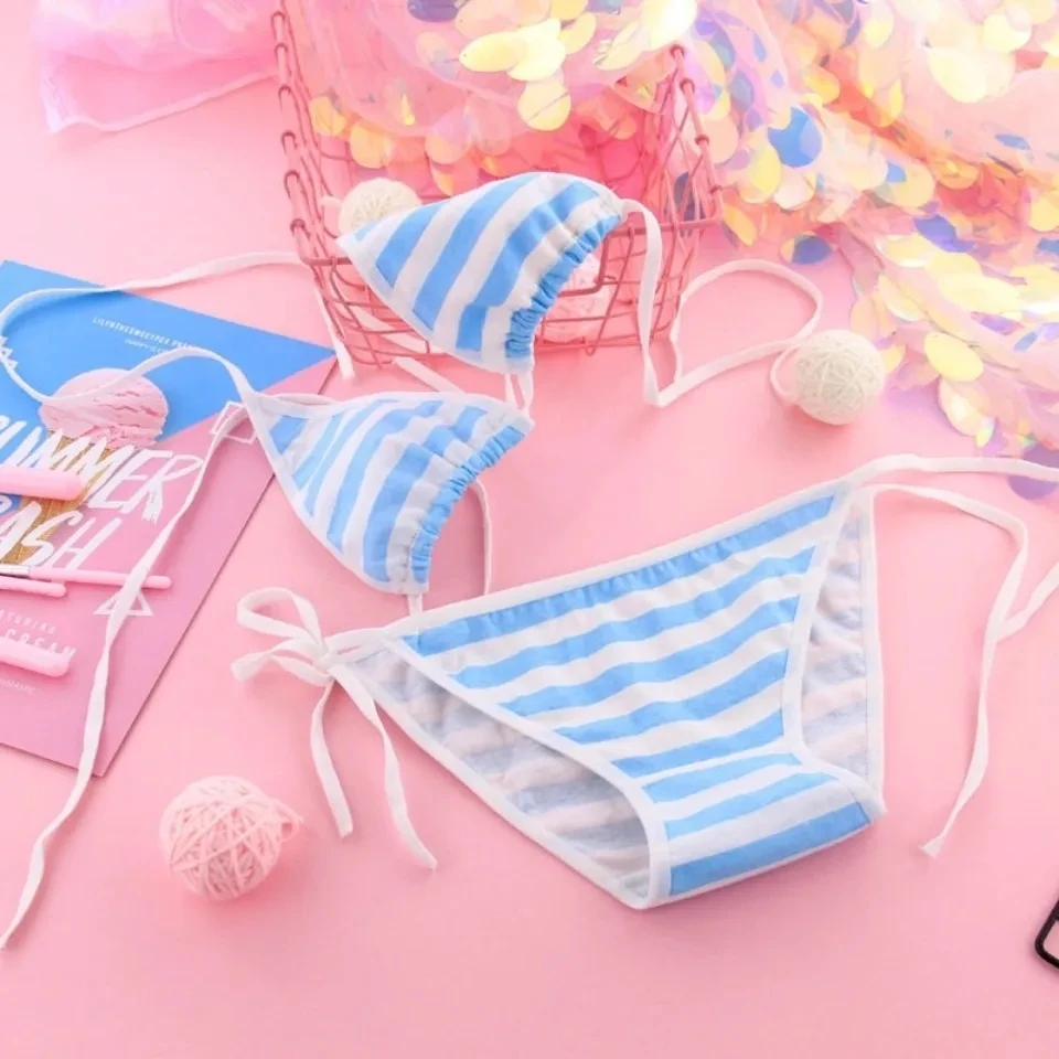 Japão Lingerie Sexy para Mulheres Adulta, Lolita Kawaii, Azul, Rosa, Listrado Branco, Mini Biquíni, Sutiã, Conjunto Roupa Interior, França Maiô, Cosplay