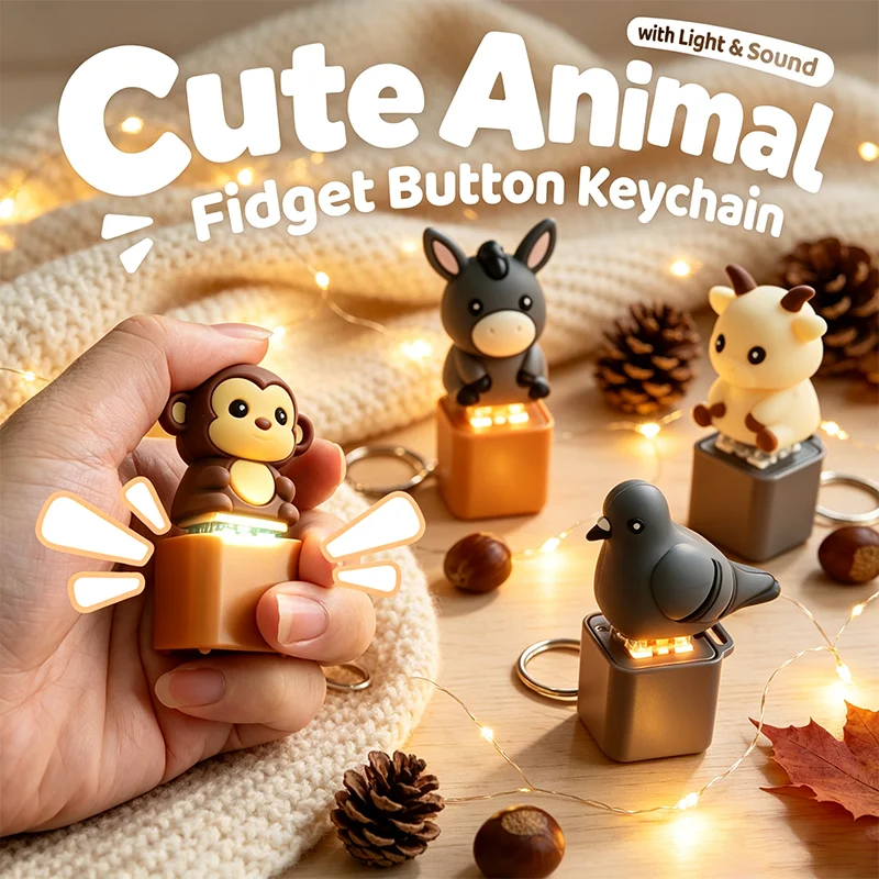 Cute Cartoon Animal Fidget Keychain Sound Light Toy Rechargeable Button Battery Stress Relief Backpack Pendant Christmas Gift
