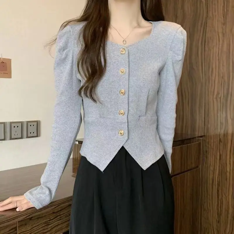 Spring Autumn Women Trendy Square Collar Ribbed Y2K Chic Button Jackets Casual V Neck Long Sleeve Solid Slim Coat Ropa De Mujer