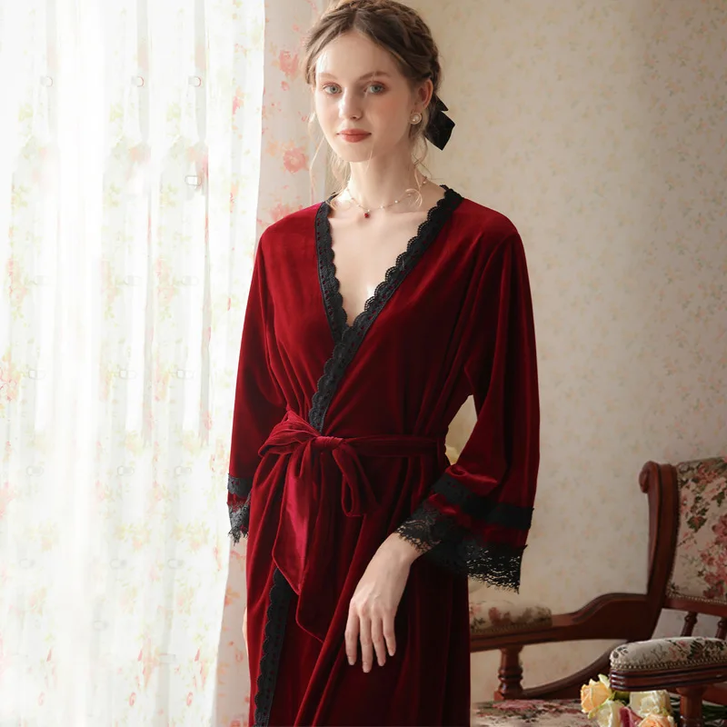 

Autumn Winter Long Sleeve Kimono with Sash Female Casual Comfortable Robe Velvet Robes for Women Sexy V Neck Bride Dressing Gown