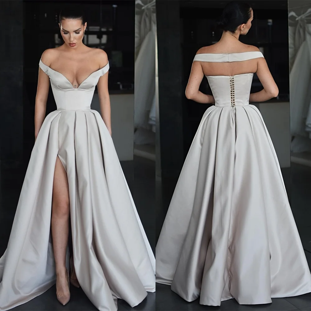 

Customized Sparkly Satin Evening Dress Classic Off the Shoulder Homecoming Dresses Temperament Lace Up Back Vestido De Festa