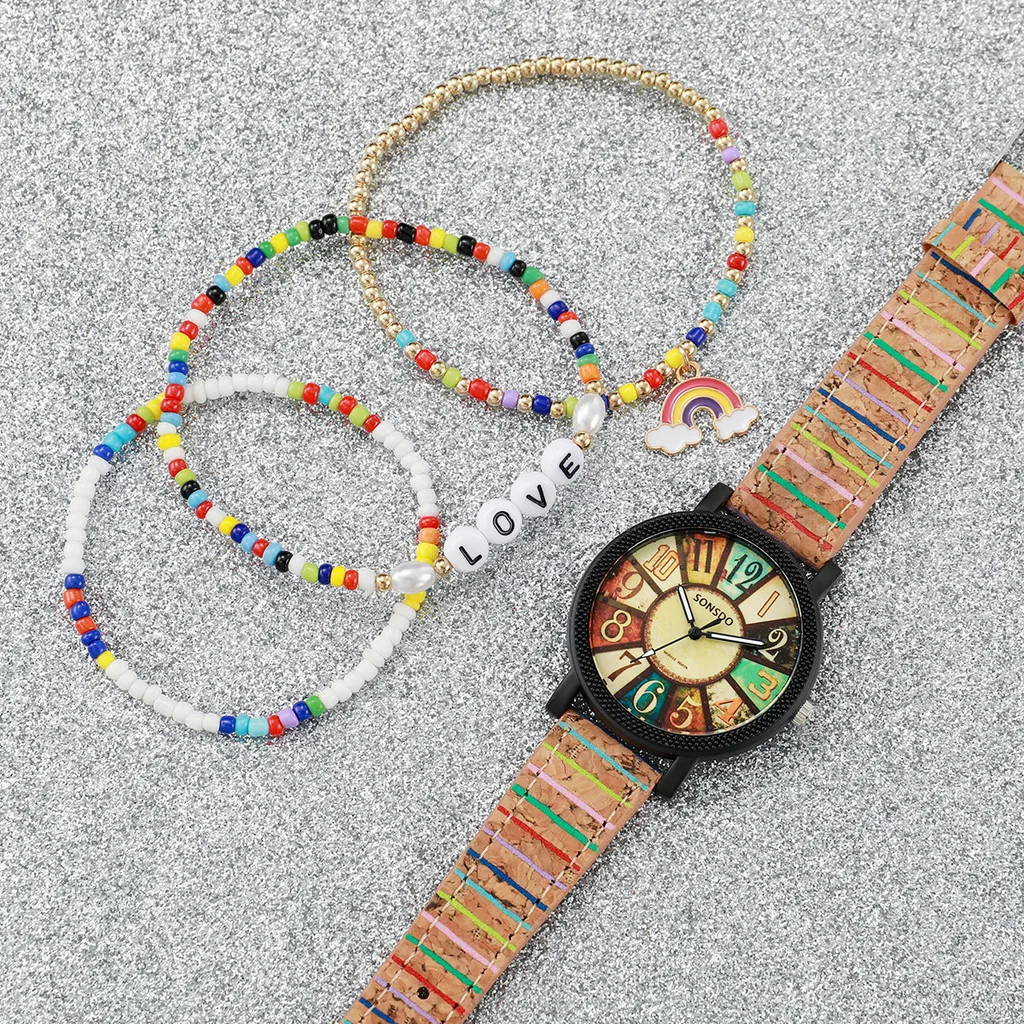 4 pçs moda feminina grande mostrador relógio estilo étnico cinta relógios colorido grânulo corda arco-íris pulseira conjunto