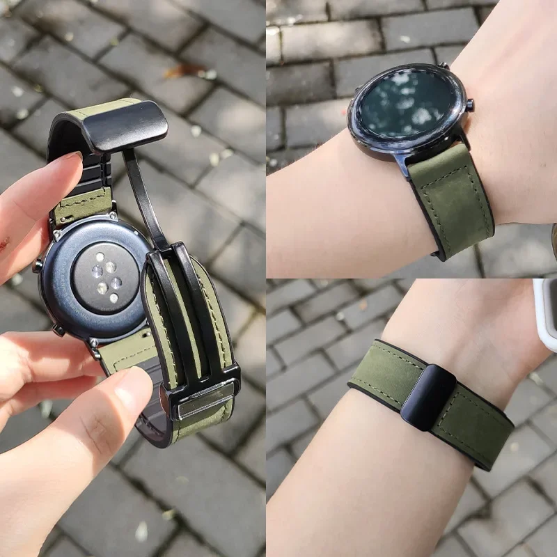 Pulseira de couro com fivela dobrável magnética, capa de silicone, padrão Crazy Horse, Samsung iWatch, Apple Huawei GTwatch4