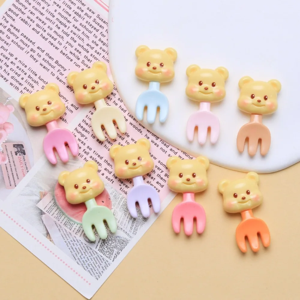 

10Pcs Kawii Mini resin bear fork Series Miniature Flat Back Cabochons For Hairpin Scrapbooking DIY Home Decor Craft Accessories