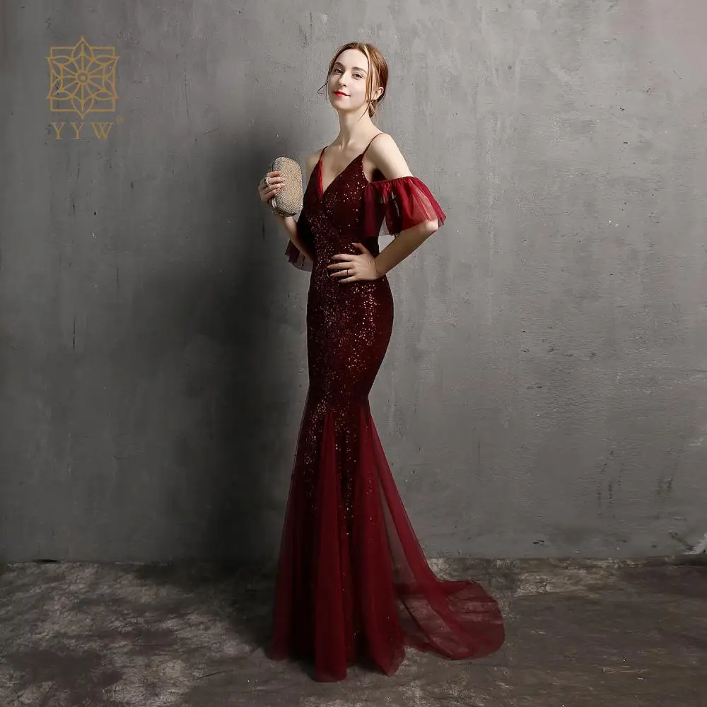 Burgundy Sexy Banquet Mermaid Dress for Women Sequins Glitter V Neck Maxi Dress Strap Luxury Female Evening Gala Gown New Party