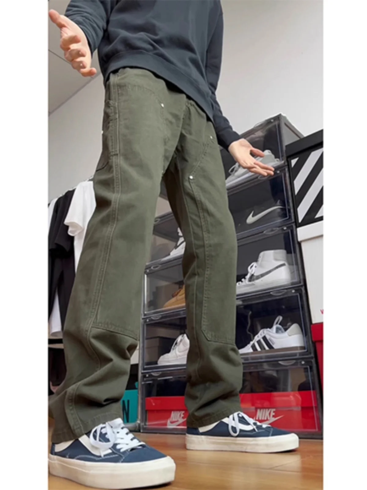 

Military een Workwear Jeans Men's Vintage American High Street Straight Leg B0 Double Knee Logging Pants Autumn Wear