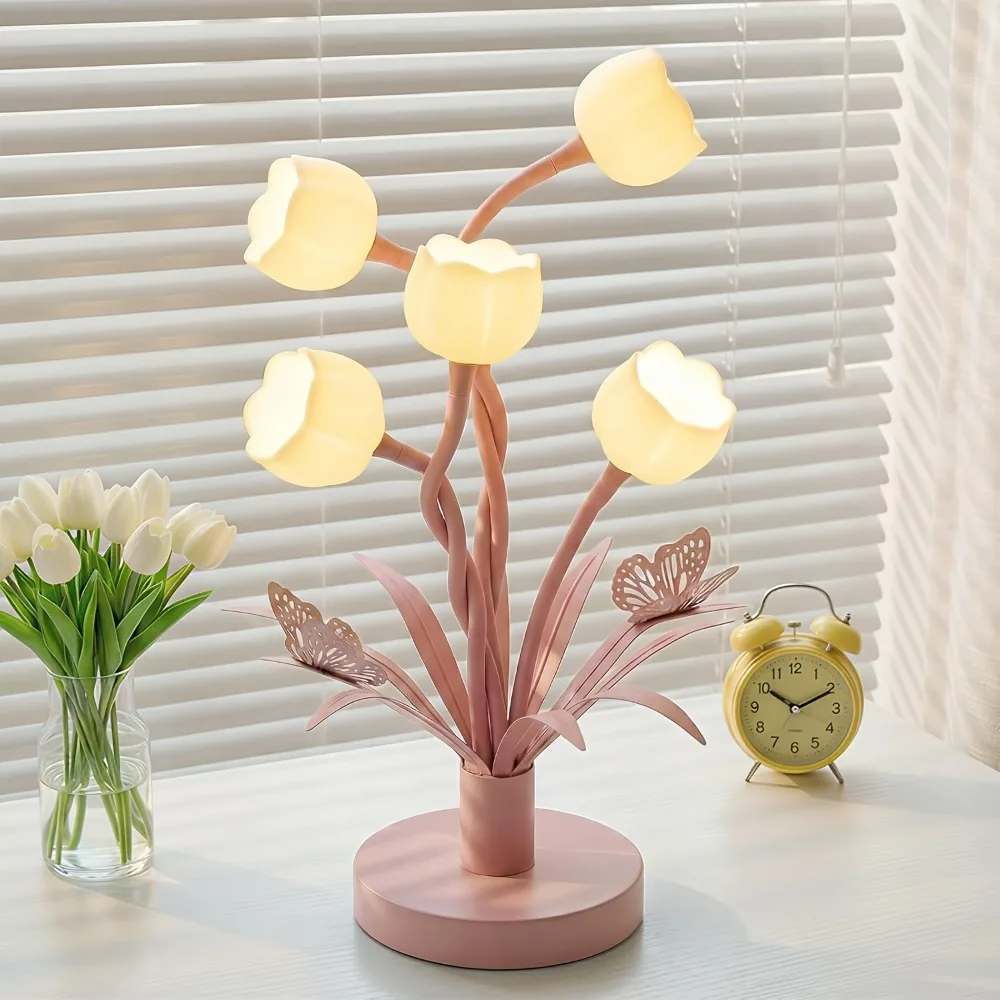 

5-Light Flower Table Lamp with Adjustable Gooseneck, Cute Tulip Desk Lamp, Bedside Reading Lamp for Bedroom, Retro Floral Night Light for Dresser Home Office, G4 Bulbs Included