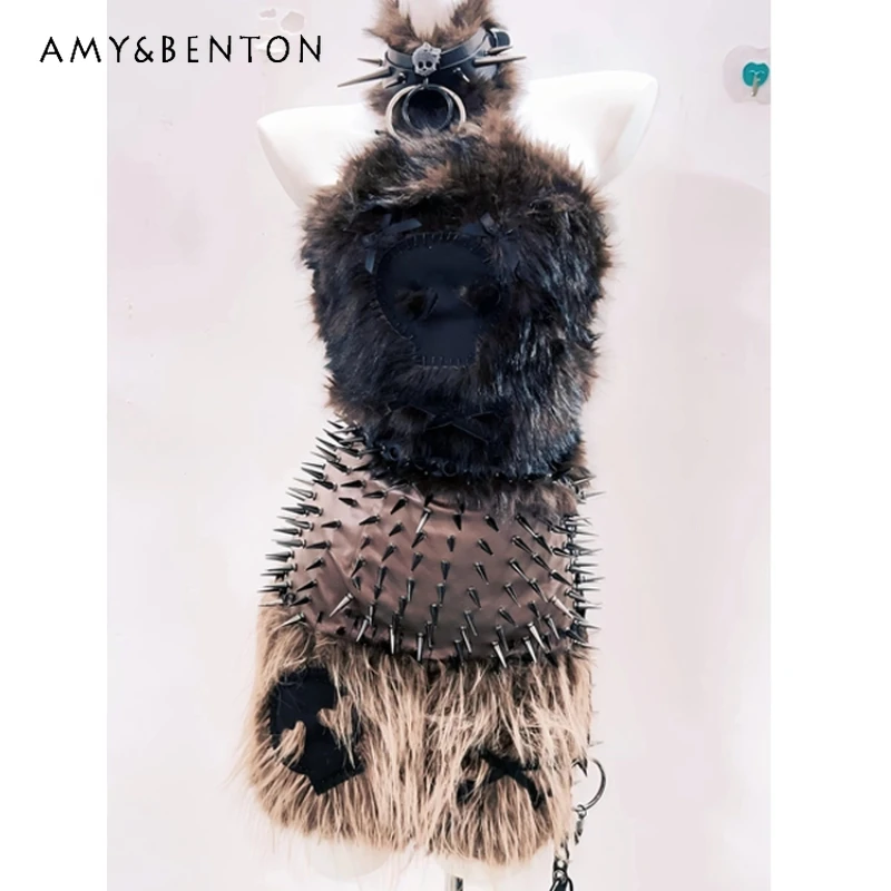 

Punk Dark Original Gothic Heavy Duty Plush Riveted Women's Vest Autumn/Winter New Brown Retro Hot Girl Short Skirt Set Ladies