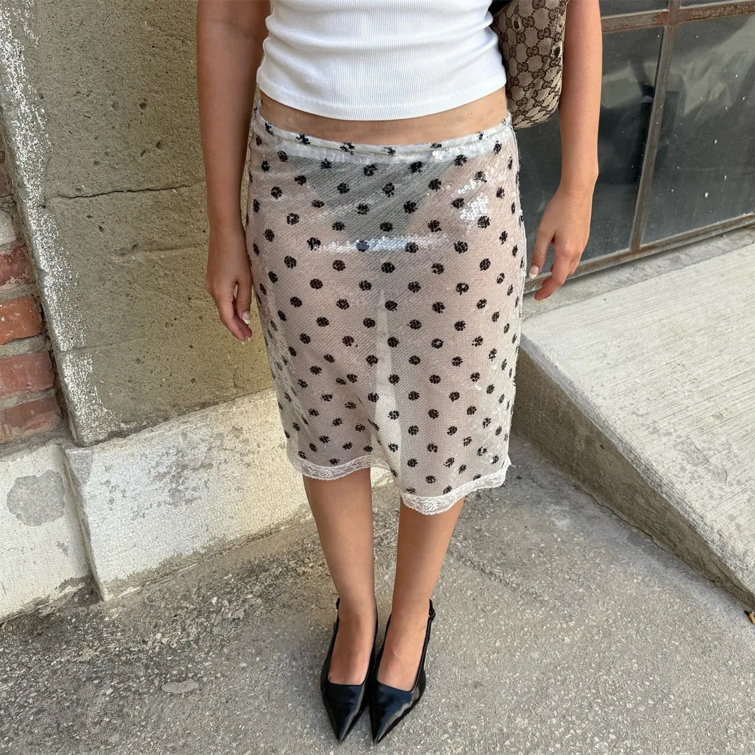 

Sequins Sparkle Coquette See Through Midi Pencil Skirt Lace Trim Low Waist Skirts Women Glitter Straight Skirt Y2k Streetwear
