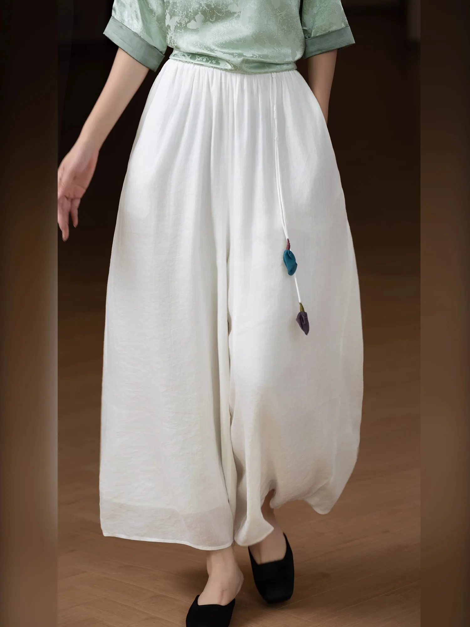 

Loose Wide Leg Pants Full Flax Braid Elastic Waist Flower Bud Pant Thin Branch 00% Flax l Waist Straight Leg Pants