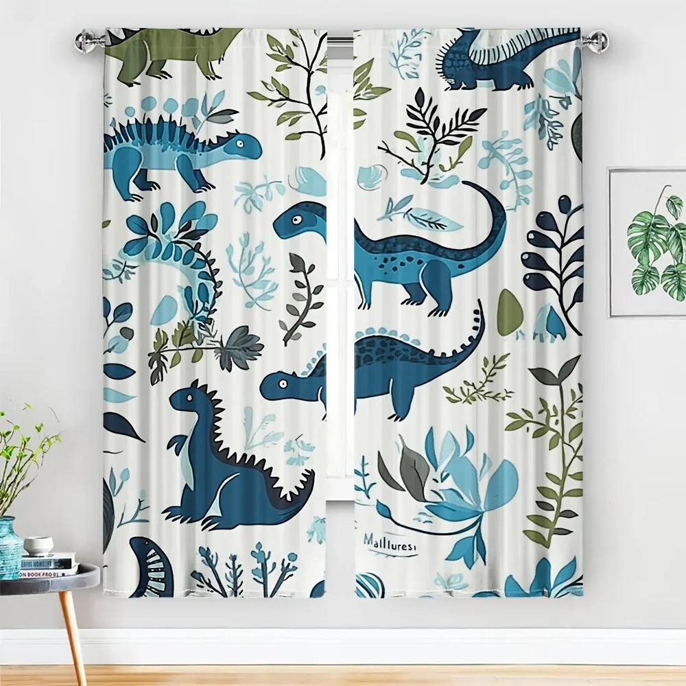 

2 шт. шторы с принтом динозавров без карниза, сине-зеленые динозавры с растительными листьями на белом фоне, для детской комнаты, гостиной, спальни, декора отеля