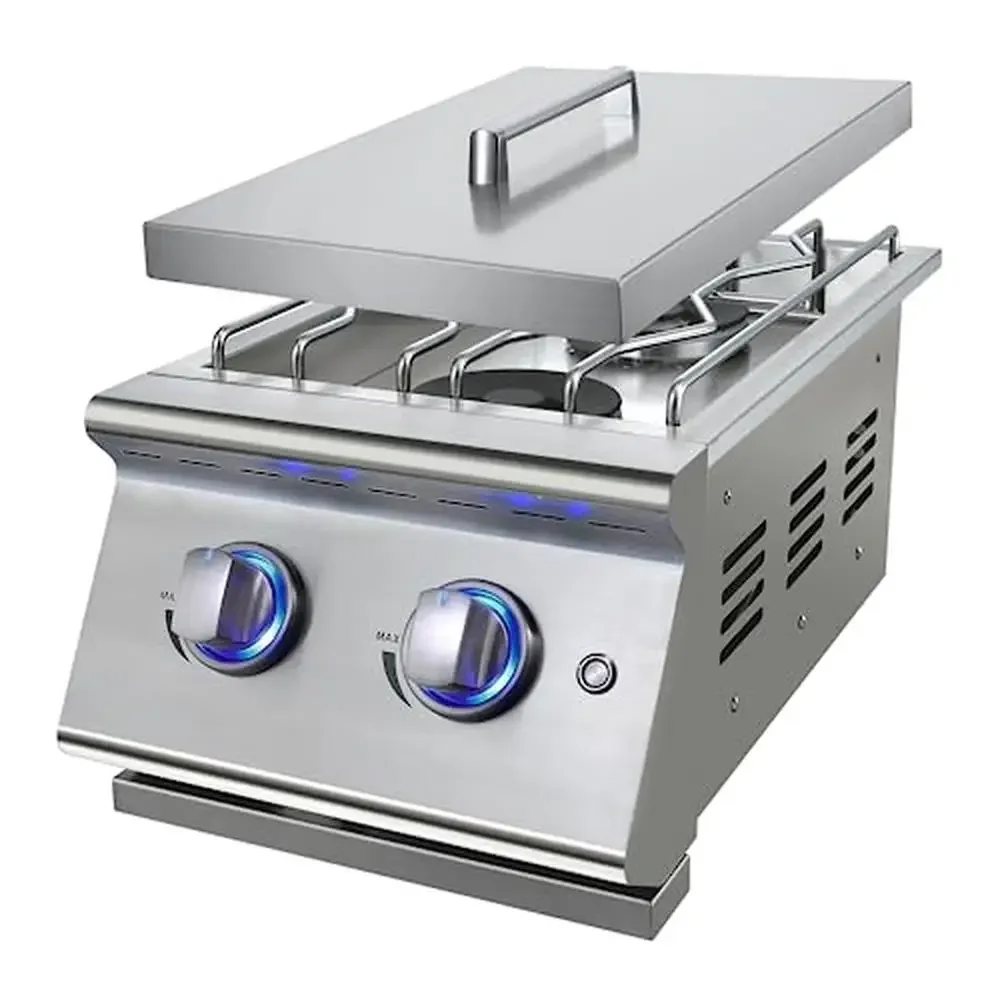 Outdoor Kitchen Double Side Burners 2x15,000BTU Stainless Steel Gas Stove with NG/LP Convertible LED Control Knob Removable Drip