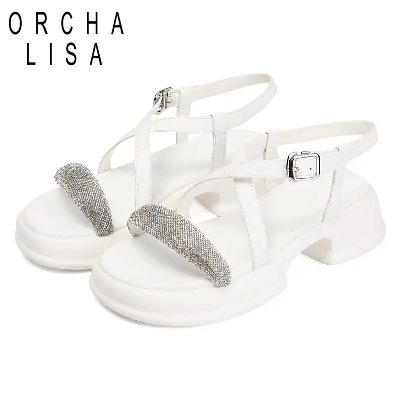 

ORCHA LISA Hot Female Sandals Round Toe 42cm Chunky Heels Buckle Strap Oversize 40 41 Handmade Soft Casual Women Shoes Fall