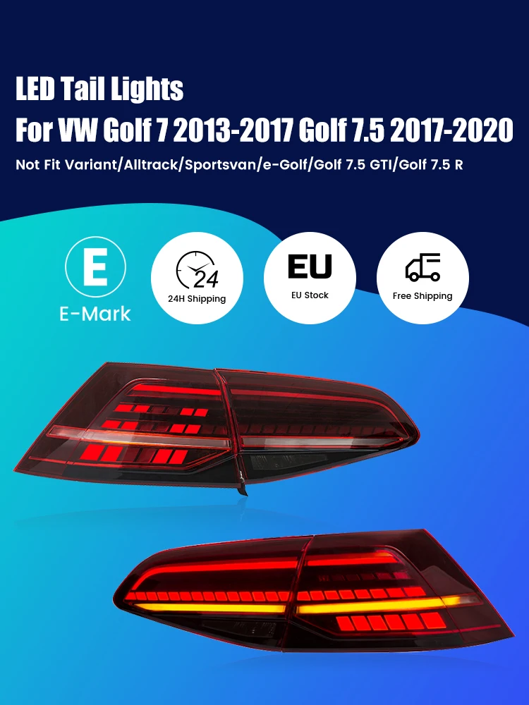 EU-Lager: Komplette LED-Rückleuchten für VW Golf MK7 MK7.5 Schrägheck 2013-2021 mit dynamischem sequenziellem Blinker, Brems-, Nebel-, Rückfahr- und Tagfahrlicht, Plug-and-Play, E-geprüft, 2er-Set