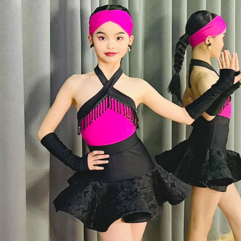 

New Latin dance costumes for girlsprofessional girls with necklaceschildren's spring and summer backless split dance performance