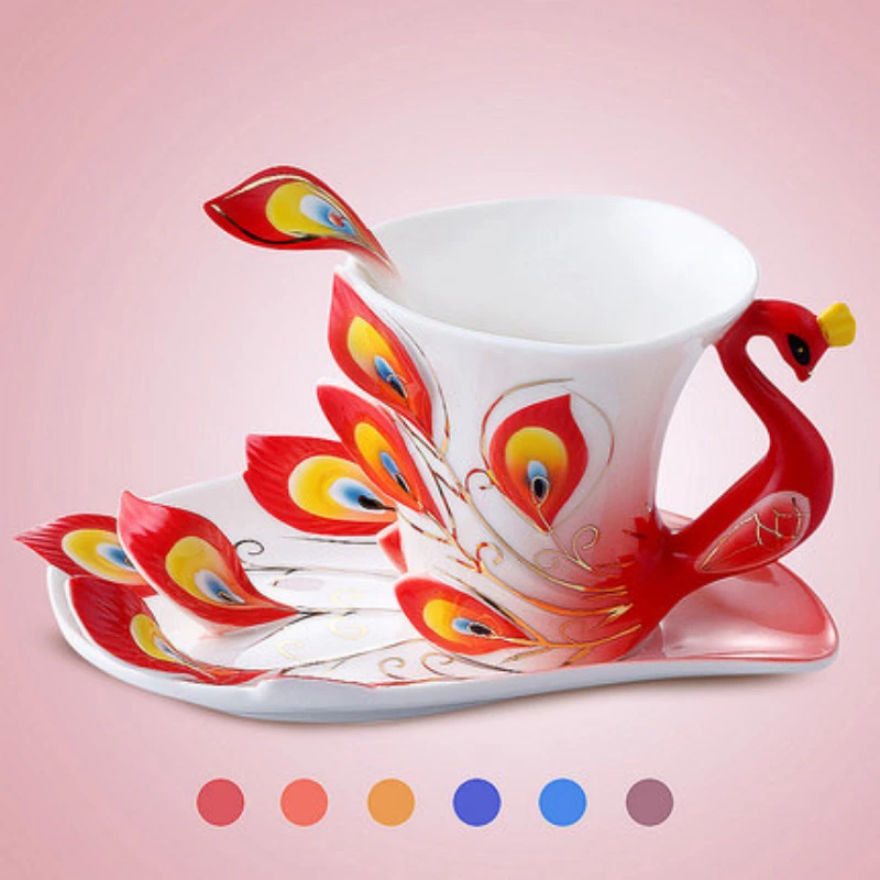 200ml Creative Peacock Enamel Porcelain Coffee Set Ceramic Milk Tea Cups and Saucers with Spoons Porcelain Bone Drinking Gifts.