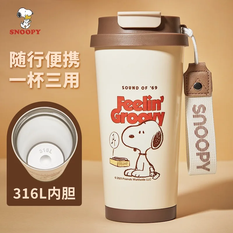 Taza aislante Snoopy de 500ml con pajita, aislamiento al vacío de acero inoxidable, taza de viaje para café y coche, frascos de vacío de Anime, botella de agua