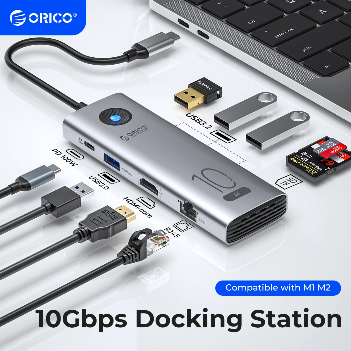 

ORICO 10Gbps Type C Docking Station 4K60Hz HDMI-compatible USB3.0 2.0 HUB RJ45 PD100W Adapter Card Reader for Laptop Accessories