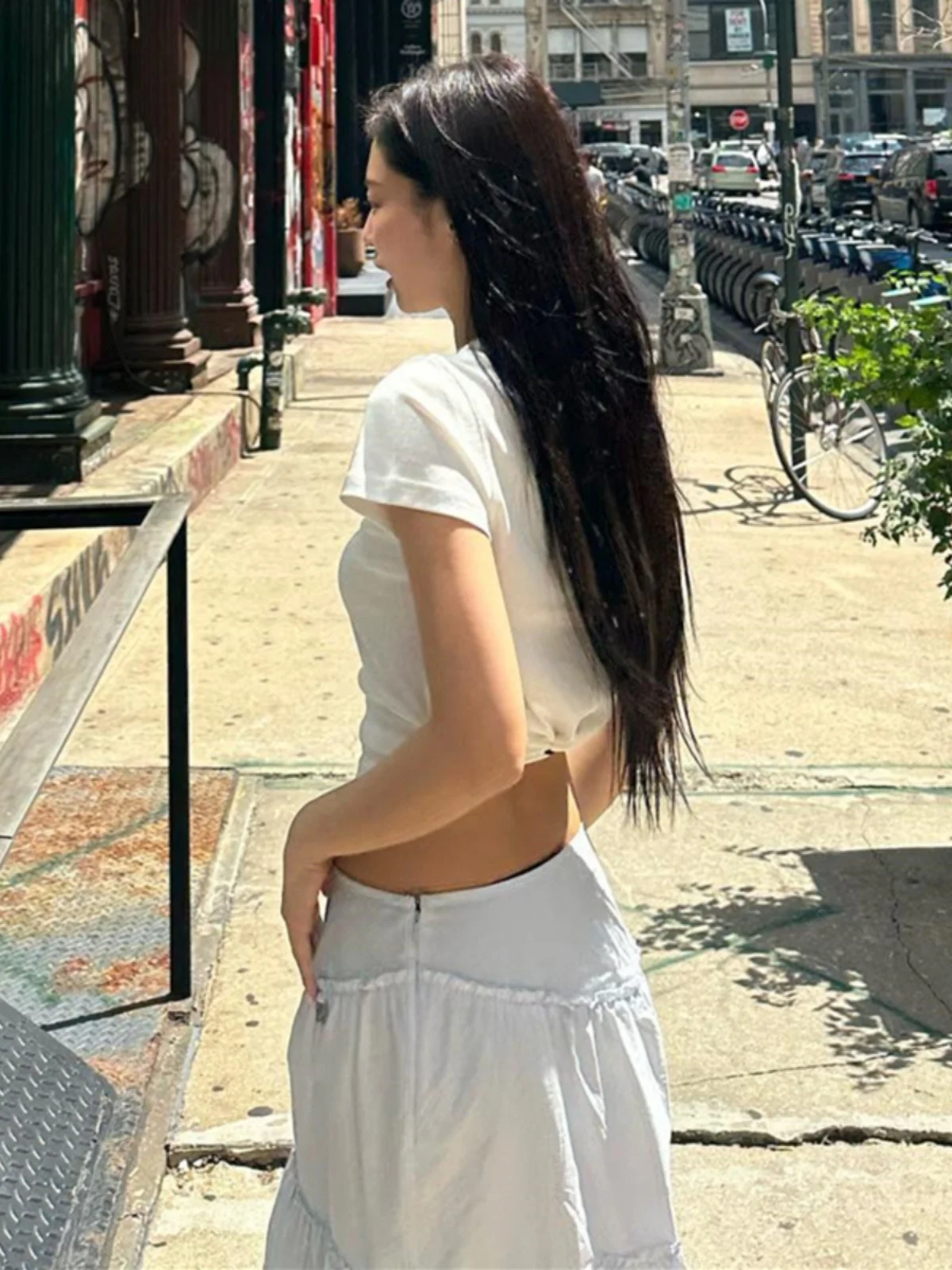 Jennie Light Blue Pleated A-Line  Skirt Sweet Lace Trim Summer Women's Ins High Waist Long Skirt Street Sle Casual Loos...