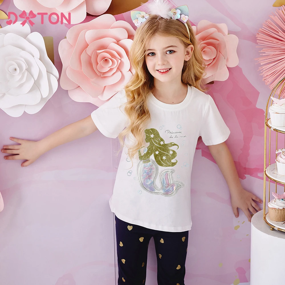 DXTON Kids Girls T-shirt Summer Short Sleeve Children T Shirt Mermaid Princess Kid Tops Tees Toddler Cotton Girl Cartoon Clothes