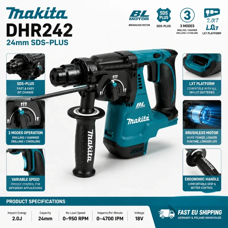Original Makita DHR242 18V Bürstenloser Bohrhammer mit Makita 6,0Ah Akku, 24mm SDS-Plus, 3 Modi, 2,0J Schlagkraft, Professionelles Beton-Elektrowerkzeug, EU-Lager – Detail 3