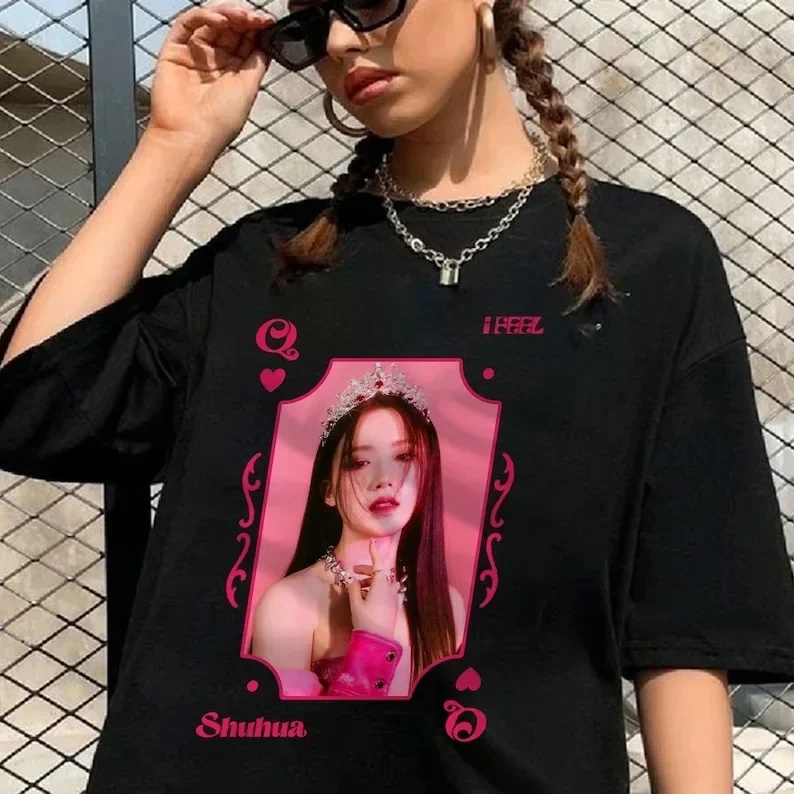 GIDLE T Shirt Kpop MIYEON Minnie SHUHUA Soyeon YUQI T-Shirt z nadrukiem Trend Y2k (G)I-DLE kobiet z krótkim rękawem 100% bawełniane topy