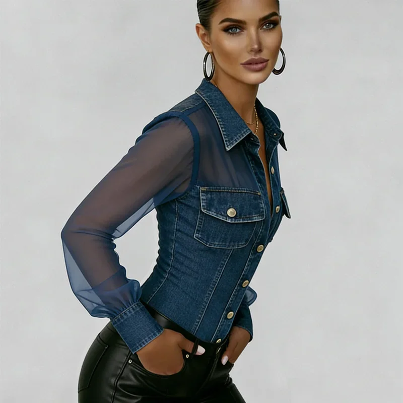 Edgy Chic Denim Mesh Combo Shirt Sophisticated Sheer Elegant Button Fitted Women Tops Stylish Casual Retro Streetwear