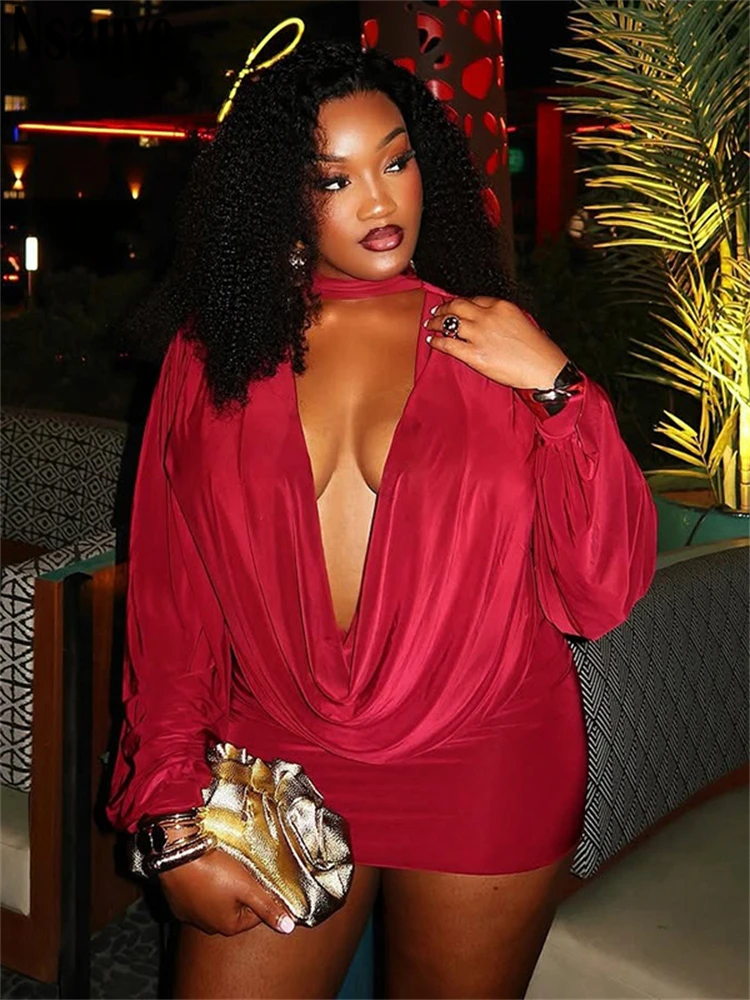 Nsauye المرأة كم طويل مثير النادي الليلي مساء حفلة فستان قصير منخفضة قطع الرسن أنيقة عطلة فساتين راقية صغيرة 2025