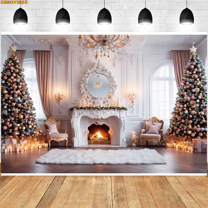 

Christmas Day Wreath Family New Year Party Photography Backdrops Prop Window Living Room Xmas Tree Gift Snow Background TY-04