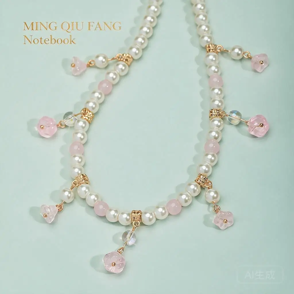 New Chinese Style Hanfu Pearl Beaded Necklace Pink Morning Glory Charm Ancient Song Tang Inspired Jewelry For Women Daily Wear