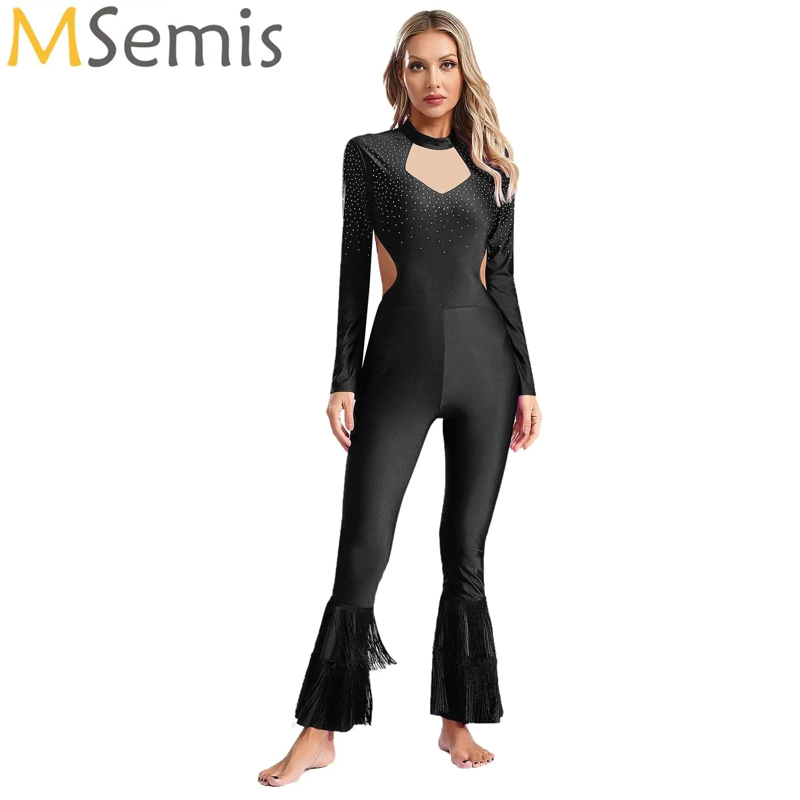 Womens Tassels Bell-Bottom Jumpsuit Long Sleeve Rhinestones Bodysuit for Gymnastics Ballet Latin Dance Performance Competition