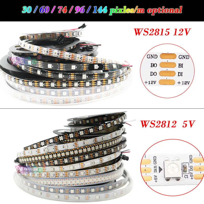 5V 12V addressable SMD 5050 RGB LED Strip WS2812B WS2815 Magic Tape 30/60/74/96/144 LEDs/m WS2812 WS2811 IC Light bar IP30/65/67