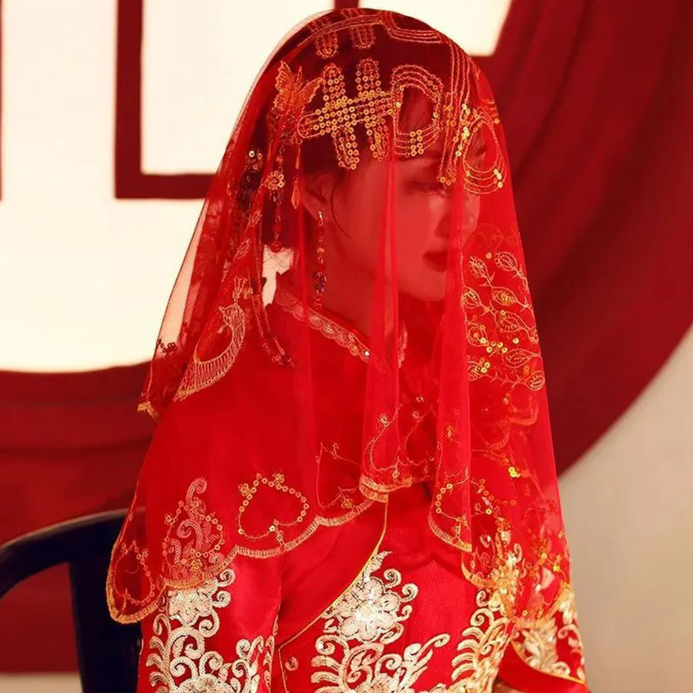 Véu de noiva hijab vermelho para casamento, para decorar renda chinesa, confortável, clássico, mantilla